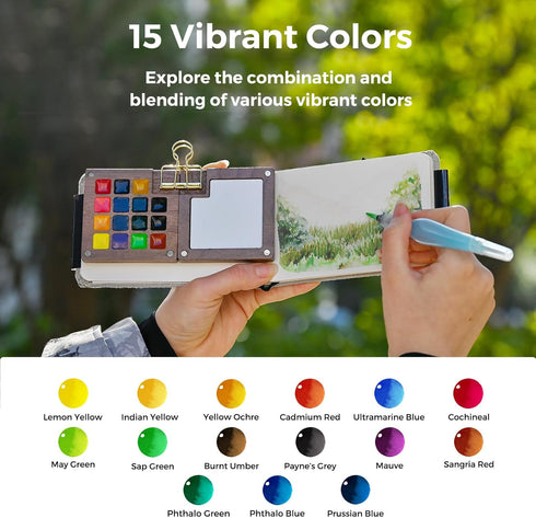 Set, 15-Color Funto Mini Watercolor Paint All-in-One Walnut Wood Premium Pocket Travel Paint Kit, with Crossbody