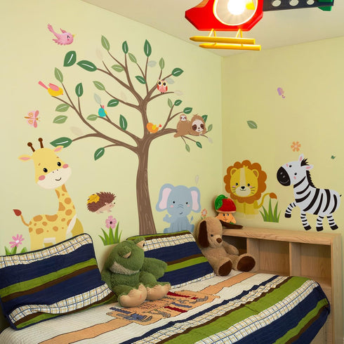 iMagitek 90.94" 62.59" Large Jungle Animals Tree Wall Decals Safari Animals Climbing Trees Wall Stickers Elephant
