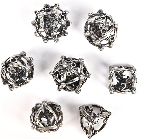 UBEUCK 7PCS Skull and Dragon Metal DND Dice Set for Dungeons & Dragons, Multi-Faceted RPG (Antique Nickel)