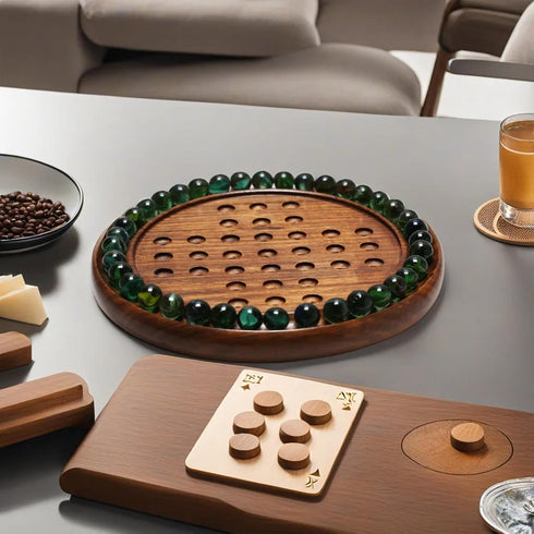 Handcrafted Wooden Solitaire Marble Game, 33 Marble Balls, Large Board Strategy Game for Adults and Family Gifts