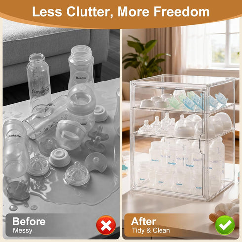 ERTIUANIO 3 Countertop Baby Bottle Organizer Tier Acrylic Bottle Storage Organizer Container, Clear Plastic Bottle