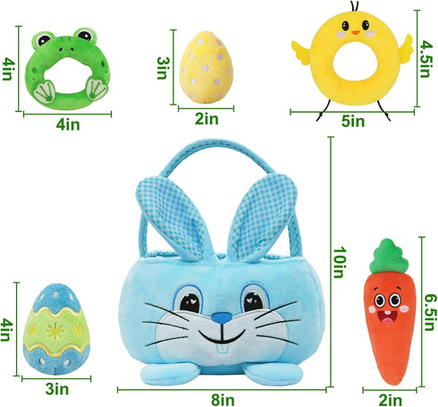 Baby's First Easter Basket Playset, 6ct Stuffed Plush Easter Basket with Bunny, Chick, Carrot, Egg, Frog Toys