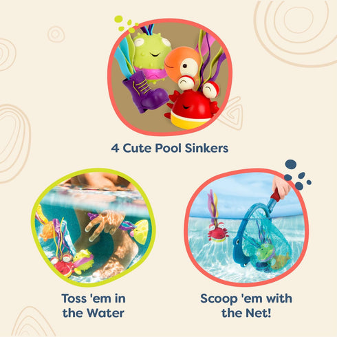 Playset 4 Summer 3+ B. toys Shark Scoop Diving Pool with Finley & Snacks Encourages Active Play & Coordination Easy