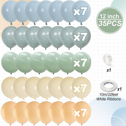 12 Inch Jobkoo Sage Green Dusty Blue Balloons, Retro Slate Light Blue Olive Green White Sand Beige Nude Eucalyptus