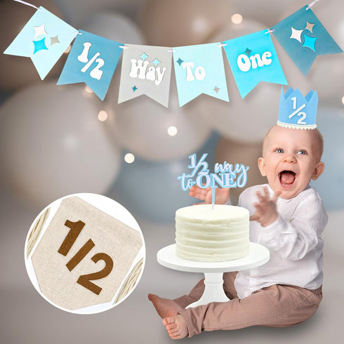 Vnysh 1/2 4PCS 6 Set 1/2 6 Birthday Boy Half Birthday Decorations Khaki Month Party with Way to One Banner, Halfway