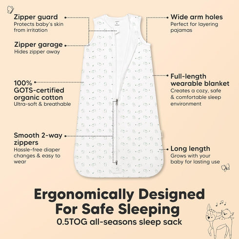 2-Pack 0.5TOG Cozy 3-6 Baby Sleep Sacks, Zipper Wearable Blanket - Organic Cotton, Lightweight,Soft Infant Sleeping