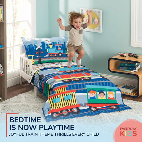 4 Set EVERYDAY KIDS Piece Toddler Bedding -Choo Choo Train- Includes Comforter, Flat Sheet, Fitted Sheet and Reversible