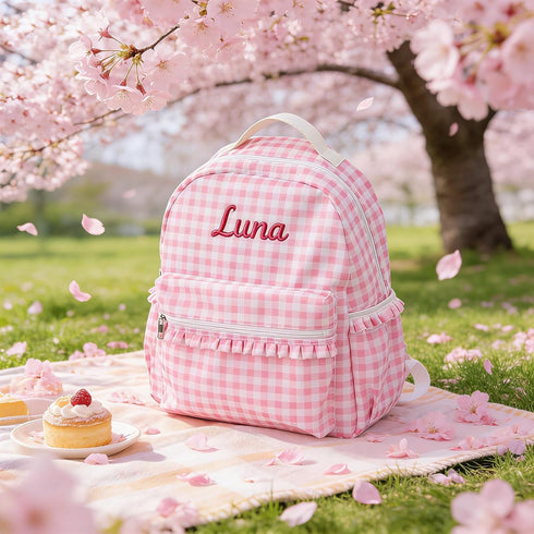 KRUIJHEU backpacks, Personalized school bags, embroidered lettered weekend bags, lettered seersucker custom made