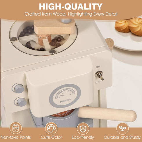 Playset Pithfor Kids Wooden Coffee with Grinder, Toy Coffee Maker for Kids Toddlers, Pretend Play Kitchen Appliances