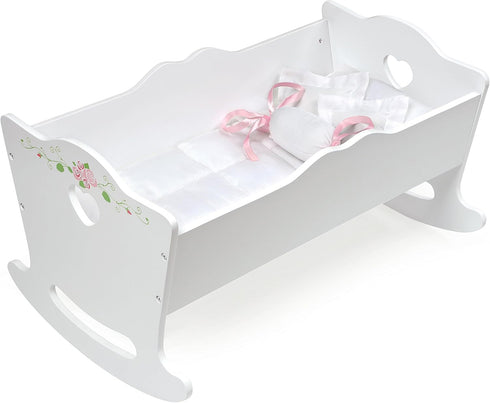Badger Basket Toy Rocking Doll Bed with White Bedding and Personalization Kit for 20 inch Dolls - White Rose