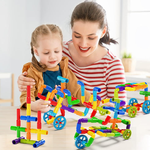 burgkidz STEM Learning Pipe Tube Toy, 188 Pcs Educational Building Blocks with Wheels Baseplate