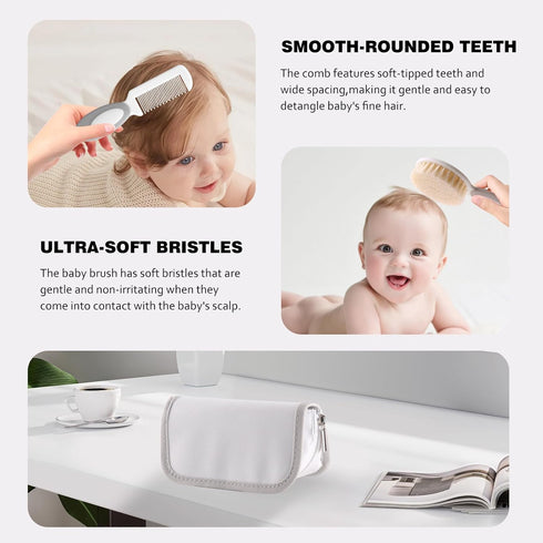 5 Baby Grooming Kit with Storage Pouch Baby Brush Soft Bristles pcs-Infant Brush, Rounded Comb, Safety Scissors, Nail