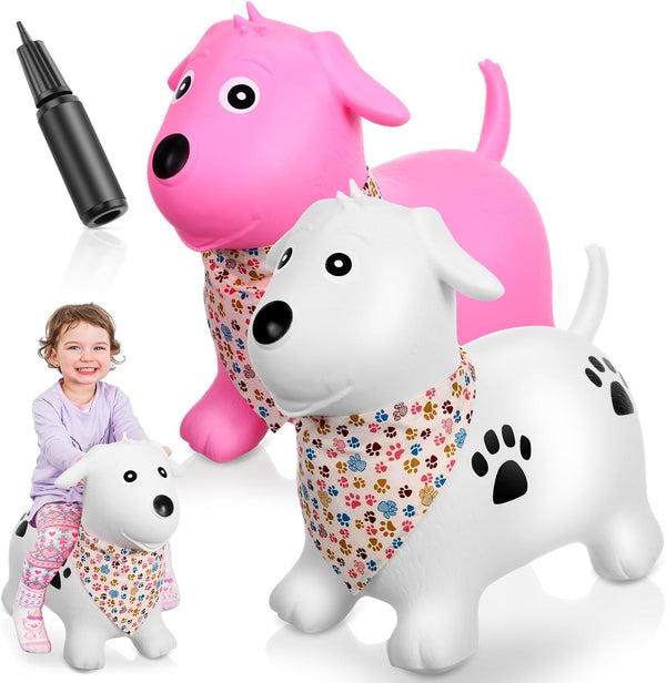 2 Pack Bouncy Dog Hopper - Inflatable Bouncing Dog Jumping Animals with Pump, Classic Style Gift for Boys Girls (White,