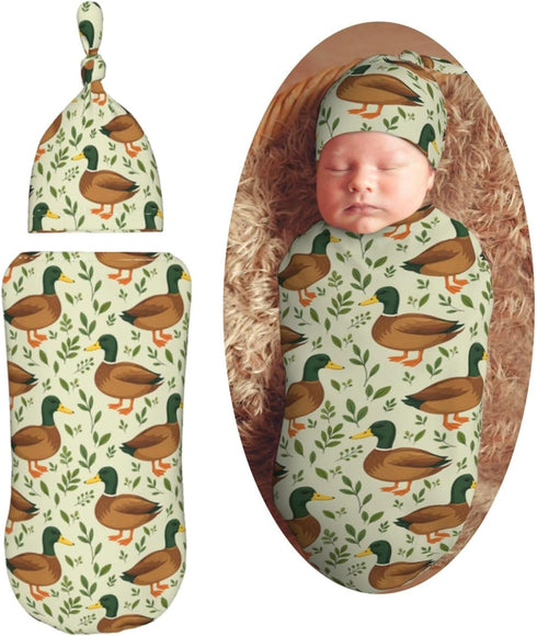 KiuLoam Cute Mallard Duck Leaf Animal Print Newborn Swaddle Blanket with Hat