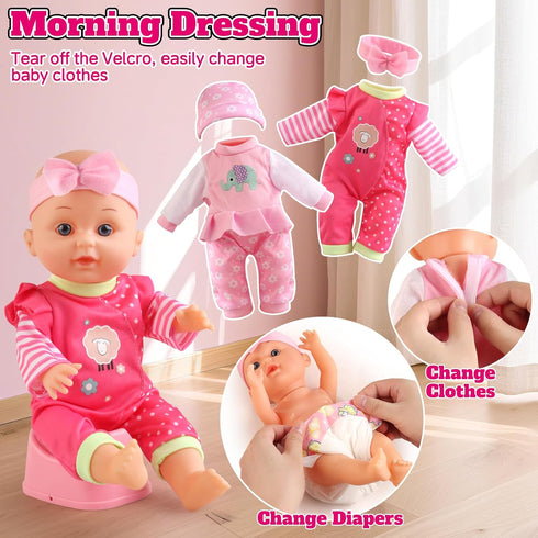 HuceePlay Set 3-5, 12.5" 2 Sets Playset 3 4 5 Baby Doll Stroller for Toddler Girls A Babydoll with Baby Doll