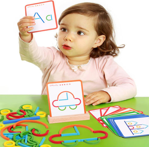 Construction Sticks & Rings Shape Puzzle, Wooden Pattern Blocks STEM Toy for Boys Girls Toddlers