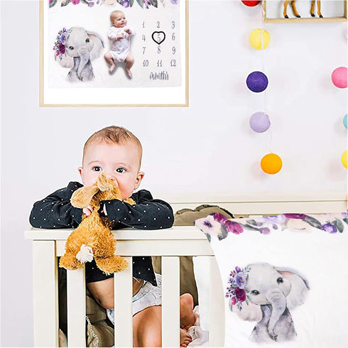 Elephant Newborn Baby Monthly Milestone Blanket, Organic Plush Fleece Photography Background Prop for Boy Girl