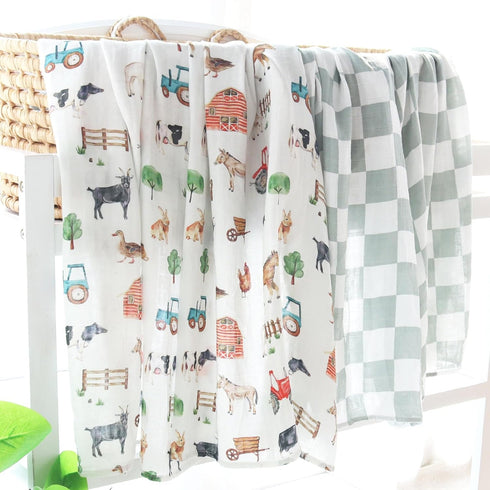LifeTree Muslin Swaddle Blankets Neutral, Baby Washcloths Farm Animals Swaddling Wrap Nursery Receiving Blanket