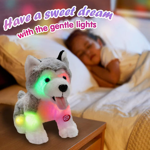 Athoinsu Light Up Husky Dog Stuffed Animal, Soft Glowing Plush Puppy Toy with Magic LED Night Lights, 8''