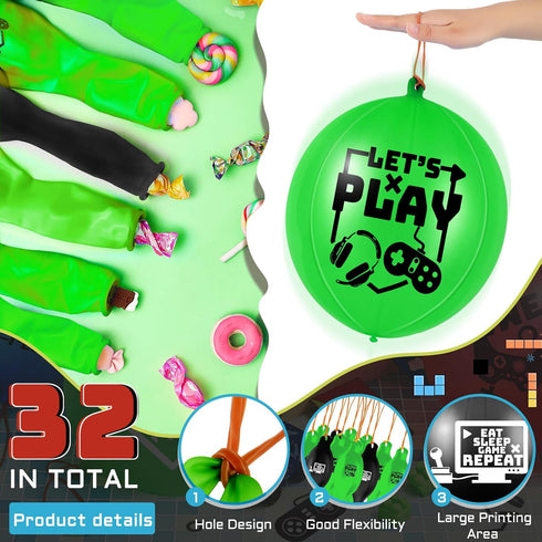 32 Pcs Video Game Punch Balloons, Pixelated Punch Balls for Fun Games, Birthday Party Favors Supplies, Goodie Bag