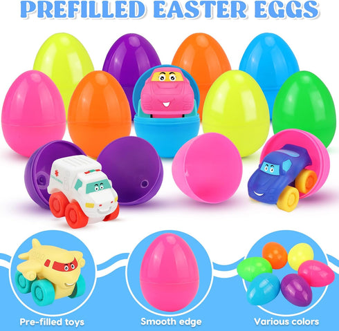 12Pcs Prefilled Easter Eggs with Toy Cars: Filled Easter Eggs with Soft Rubber Car Toys, Easter Basket Stuffers