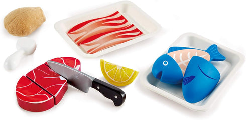 Hape Tasty Proteins Set | Wooden Pretend Play Food Set for Kids, Multicolor Cooking Ingredients
