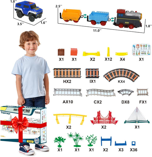 Vunrahsg Set 4-8 Set Playset 4 5 6 7 8+ Electric Train for Kids Ages with Train Tracks & Car Tracks Lights Up Bridge