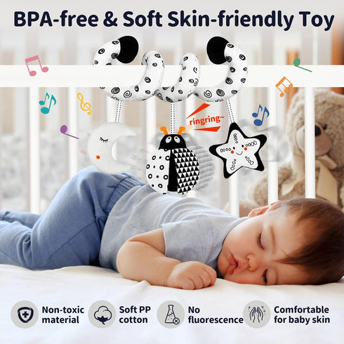 Car Seat Toys for Babies 0-6 Months, Hanging Rattle Toys for Crib Mobile, Black and White High Contrast Stroller Toys