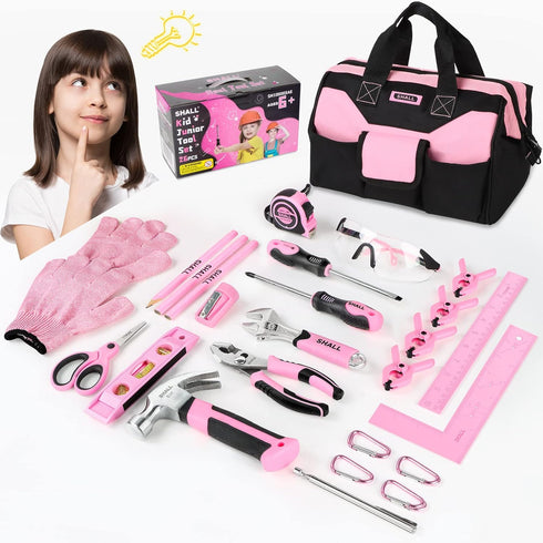 SHALL 26-Piece Kids Size Tool Set, Pink Real Tools for Kids with