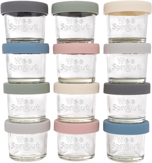 WeeSprout Glass Baby Food Storage Jars w/Lids, 12 Pack Set, 4 oz, Reusable Small Containers for Snack, Puree, Breast