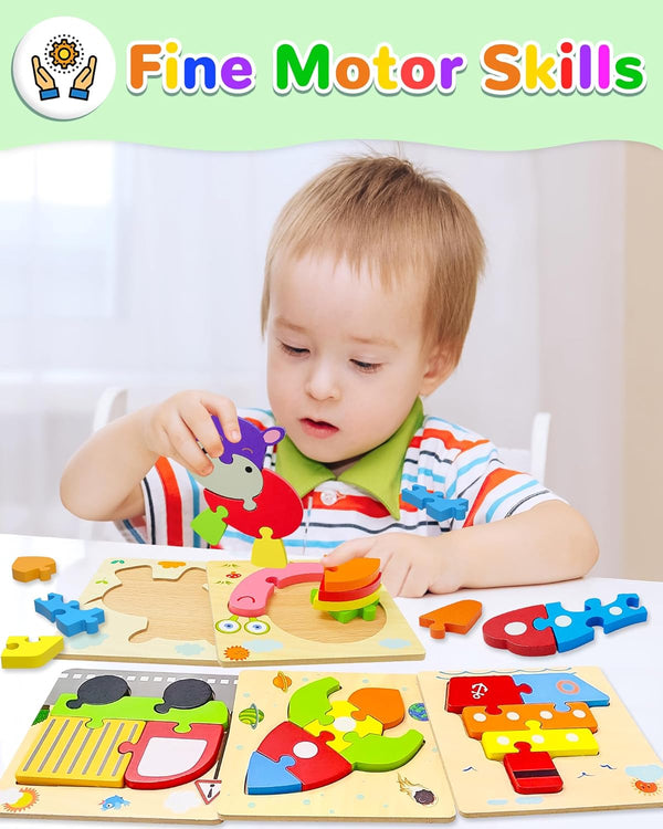 8 Pack Wooden Toddler Puzzles Gifts for Boys Girls Age 1-3, Montessori Educational Developmental Learning Travel Toy