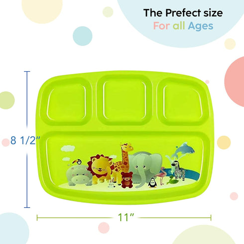 Toddler Plates With Dividers - Set of 4 Kids Dinner Plates, Brightly Colored Divided Tray, BPA Free, Fun Zoo Design
