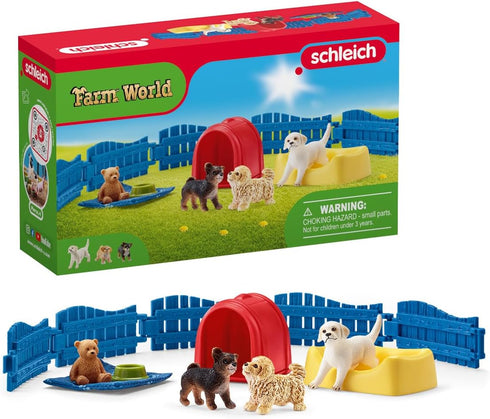 Schleich Farm World 13-Piece Puppy Pen Playset - Featuring 3 Cute Puppy Figurines and Accessories, Educational Toys for