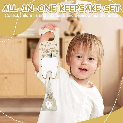 Tooth Fairy Tooth Holder, Tooth Fairy Door Hanger with Money Slot, Keepsake Bottle & Burlap Pouch for Lost Teeth Milk