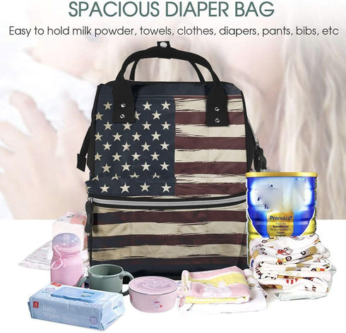 OUSIKA Backpack Daypacks American Flag Print Diaper Bag Multifunction Laptop Travel Large Nappy Bag, Black, One Size