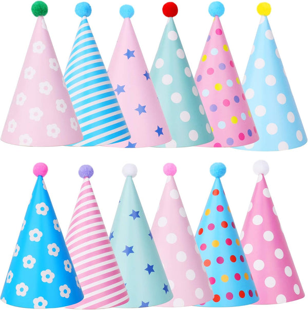 Beurio Party Hats with Pom Poms - Birthday Cone Hats 12 Pack for Kids Adults, Colorful Pastel