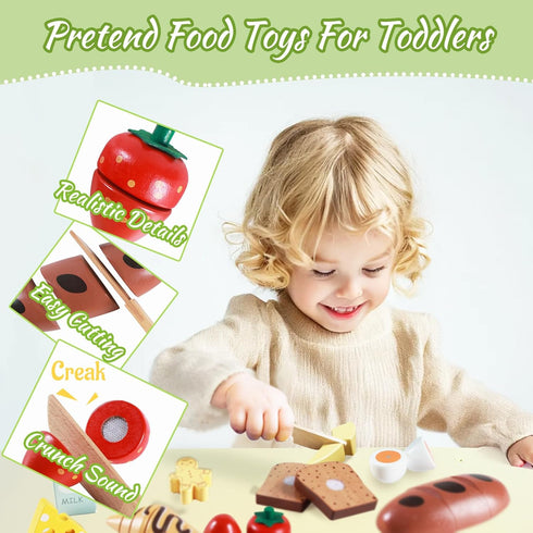 Sets 3+ Wooden Play Food for Kids Kitchen, Breakfast Food Toys for Toddlers Year Old, Pretend Food Play Cutting Bakery