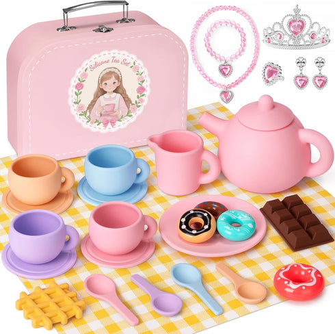 iAOVUEBY Silicone Tea Set for Toddlers, Tea Party Set for Little Girls,