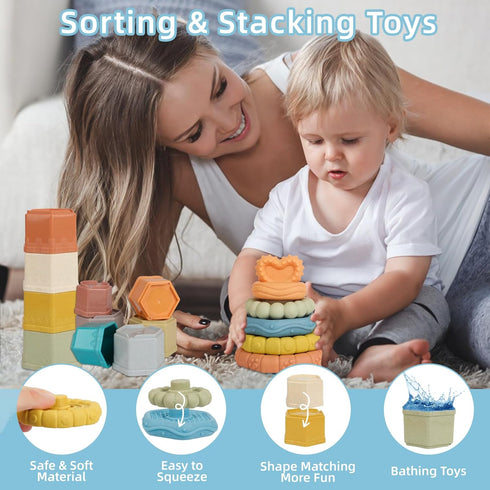 5 in 1 Montessori Baby Toys for 6-48 Months - Stacking Cups, Rings, Soft Animals, Blocks Set for Toddlers 1-3 Years