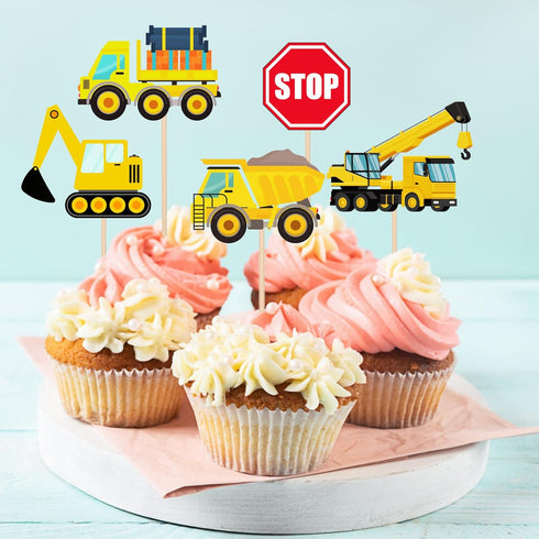 PAVATUTAT 24 PCS Construction Cupcake Toppers Stop Sign Dump Truck Excavator Tractor Party Cake Food Picks Decorations