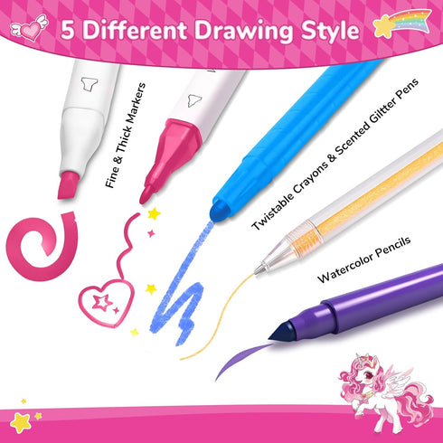 DreamyCandy 70PCS Set 4-6-8,Drawing Unicorn Washable Markers with Glitter Pencil Case,Art Supplies for Kids Ages