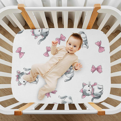 Vdsrup 39 27 5In Crib Sheets for Boys Girl Cat Pink Bow Neutral Mini Crib Mattress Sheets Fitted, Toddler Baby Sheets