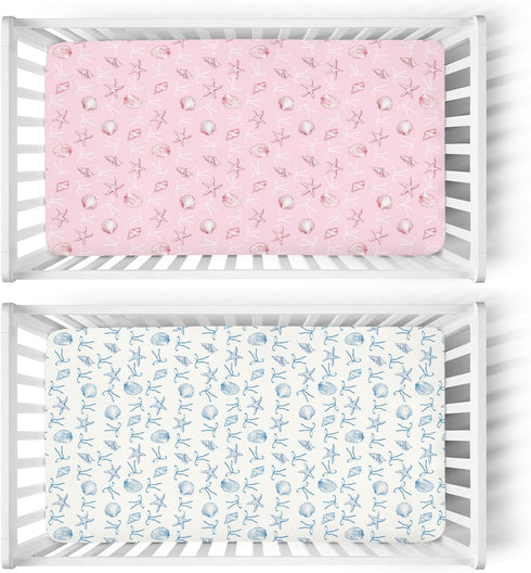 Summer 52x28In 2 Pack Conches Bows Sea Baby Crib Sheets for Boy Girl Ocean Seashells Beach Soft Snug Fitted Crib
