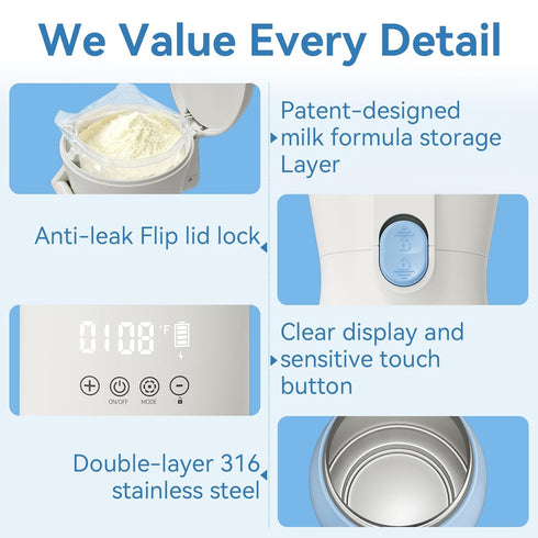 17oz 16000mAh Portable Bottle Warmer for Travel - Portable Milk Warmer for Baby with Patent-Designed Formula Storage