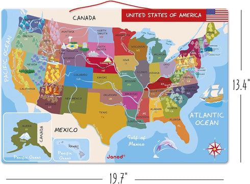 19.7-Inches 13.4-Inches 7-12 48 Janod - Magnetic USA Map x - for Children Years - Assembling Jigsaw Puzzles Together