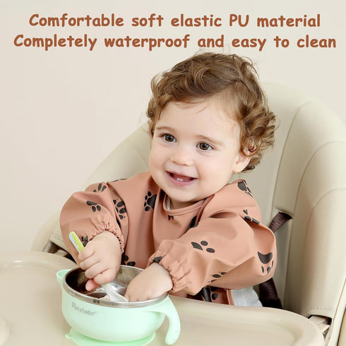 PewinGo Weaning Bib with Long Sleeves - Soft Waterproof Coverall Bibs for Baby Feeding, Easy to Clean (Orange)