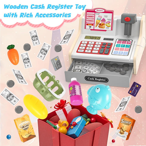 2-4 4-8 maysida Rechargeable Wooden Kids Cash Register with Scanner, Pretend Play Cash Register Toy with Fake Money