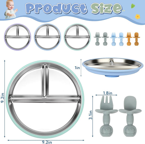 3 Set Set 9 Inch 3 VZZNN Removable Stainless Steel Plates for Kids with Suction Cup -Anti-slip Stainless Steel Plates