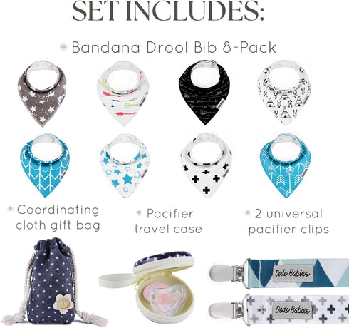 Dodo Babies Bandana Drool Bib Set, Eight 100% Cotton Bibs with Soft Lining, 2 Pacifier Clips, Blue Gift Bag