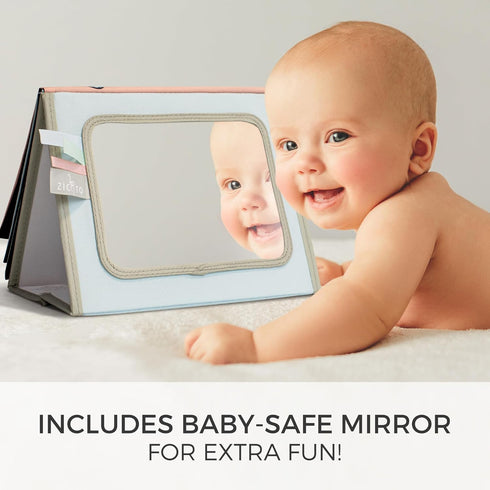 Soft Tummy Time Book with Baby Safe Mirror - High Contrast Montessori Toy with Crinkle Filling & Teether